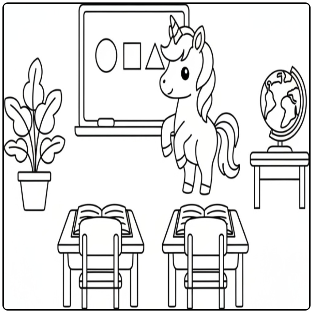 Cute Baby Unicorn Lesgeeft on School coloring page