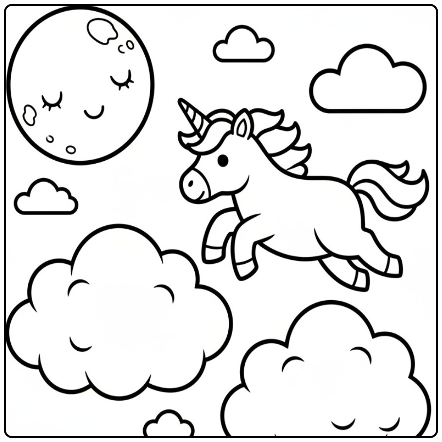 Cute Baby Unicorn in the Nighttime Sky coloring page
