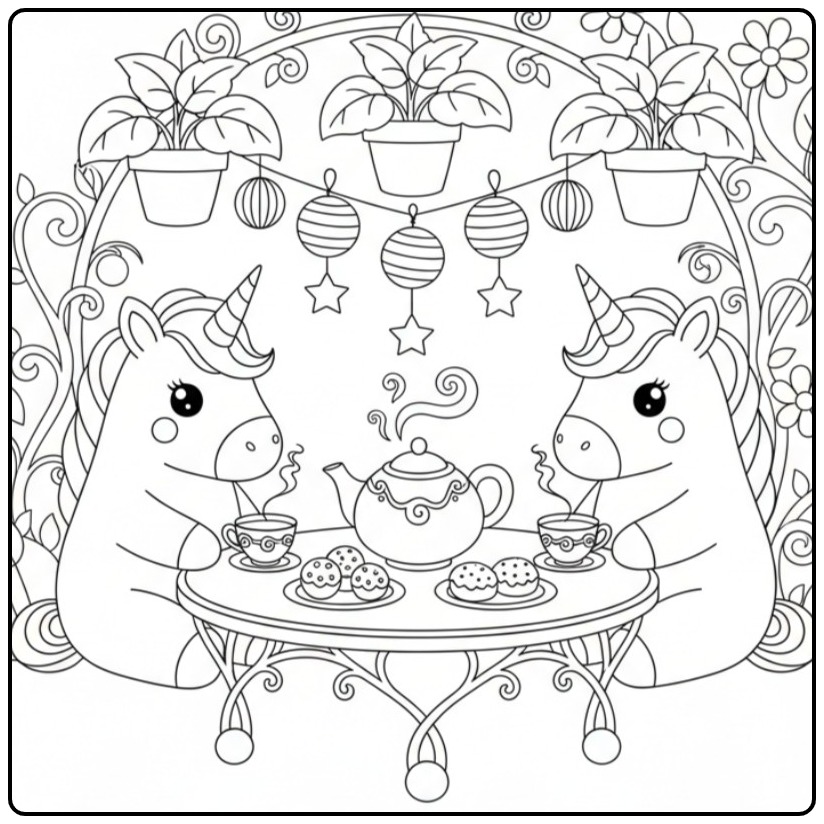 Cute Baby Unicorn for a Tea Party coloring page