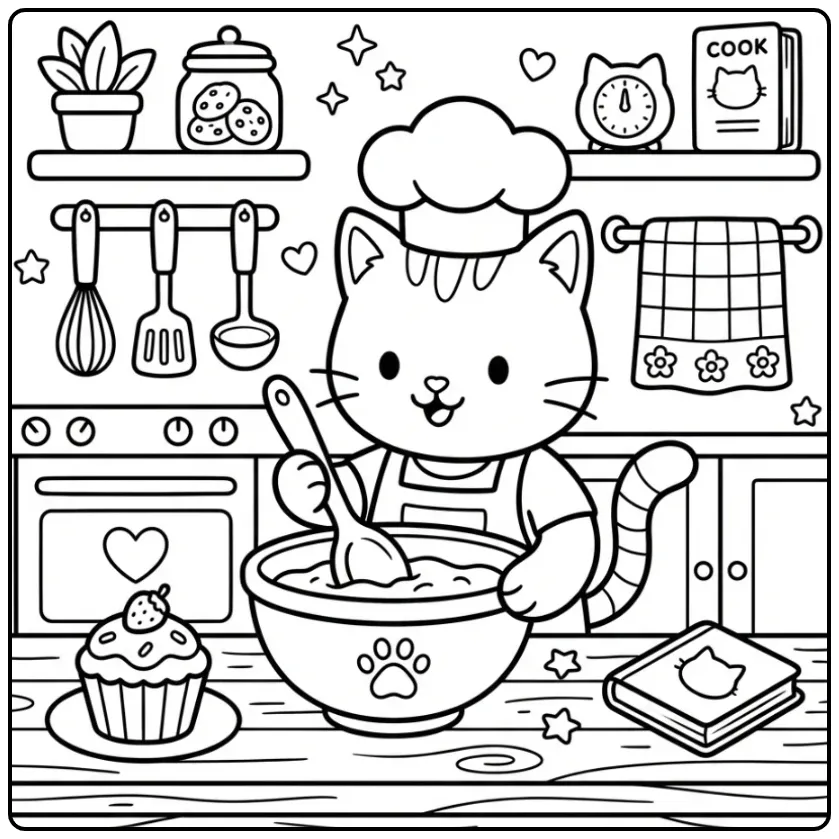 Easy Cat coloring page with a baking kitten chef