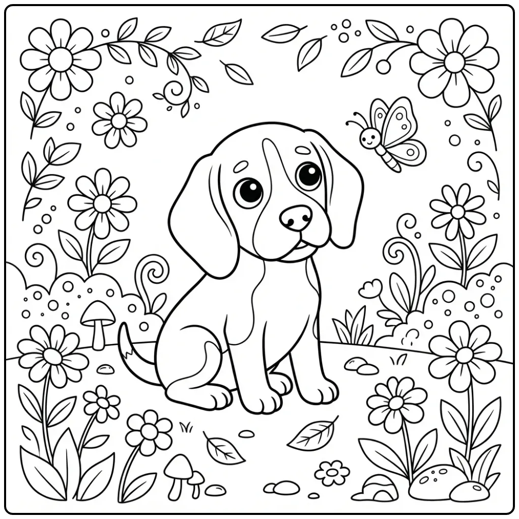 Cute Beagle Puppy in a Garden for Adults coloring page