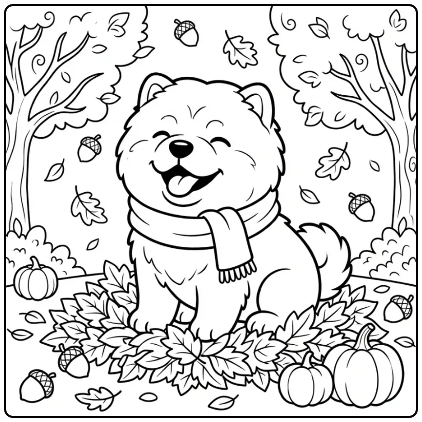 Cute Chow Chow Puppy in Autumn coloring page