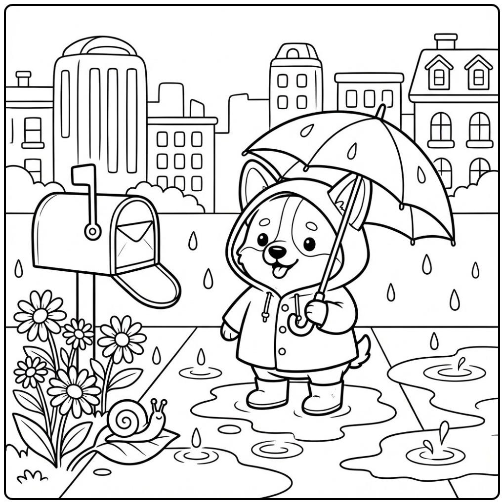 Corgi Splashing in Rain Puddles coloring page