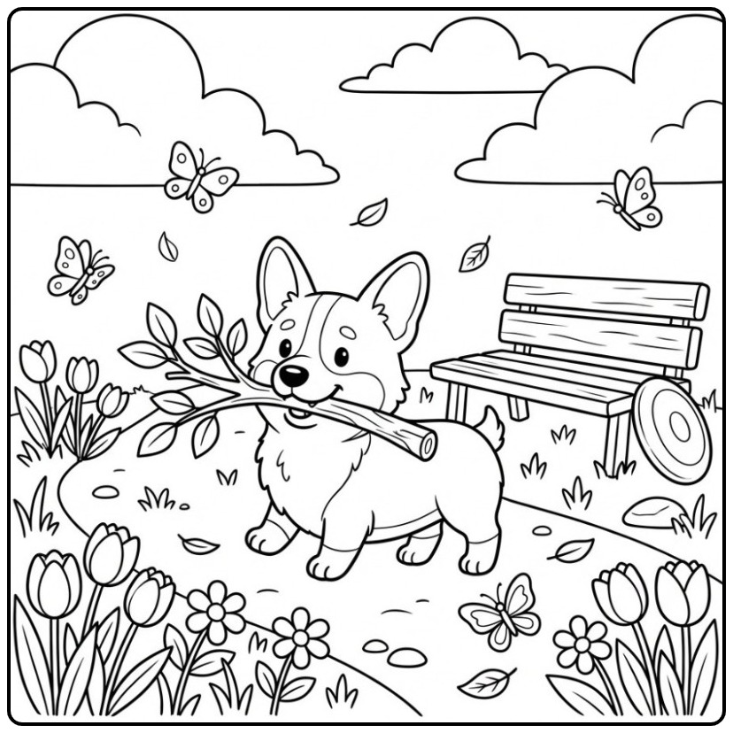 Corgi Carrying a Stick in a Spring Park coloring page