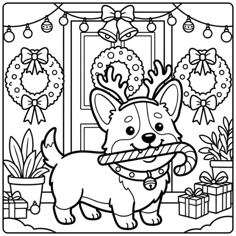 Cute Corgi Christmas Puppy with Candy Cane coloring page