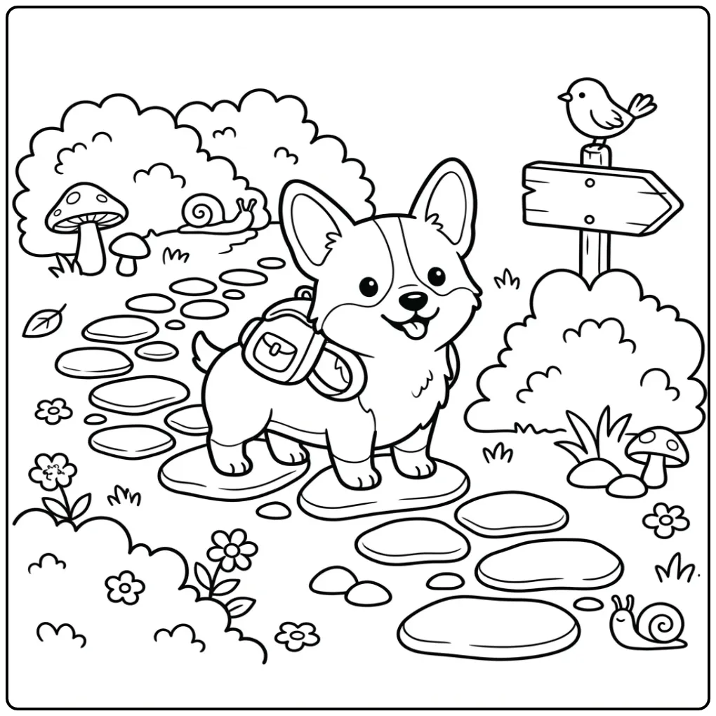 Cute Easy Corgi Puppy with Backpack coloring page