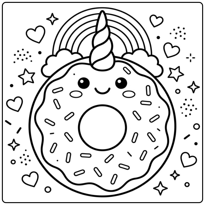 Cute Donut Unicorn Rainbow and Stars coloring page
