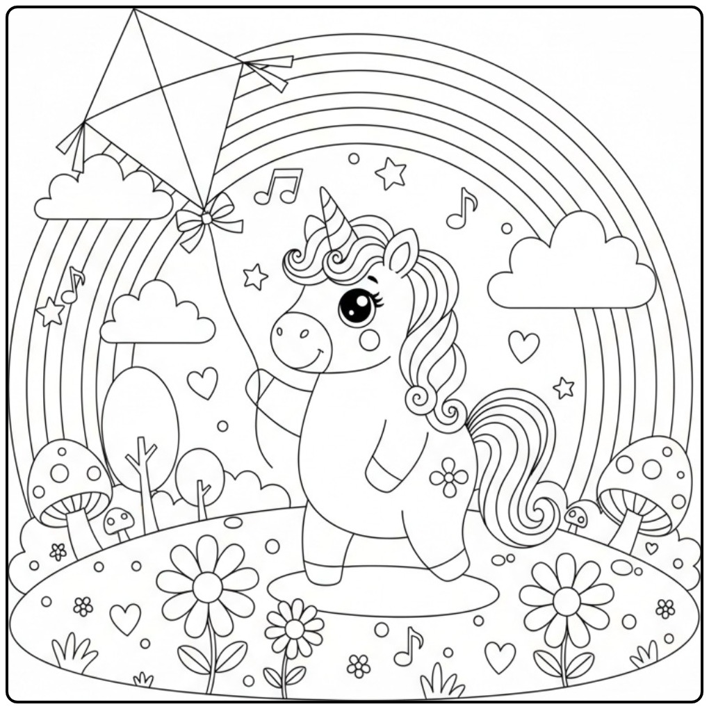 Cute Unicorn and Rainbow a Kite coloring page