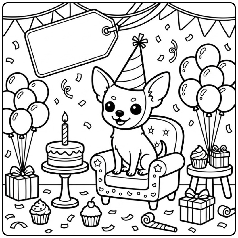 Chihuahua Birthday Dog with a Party Hat coloring page