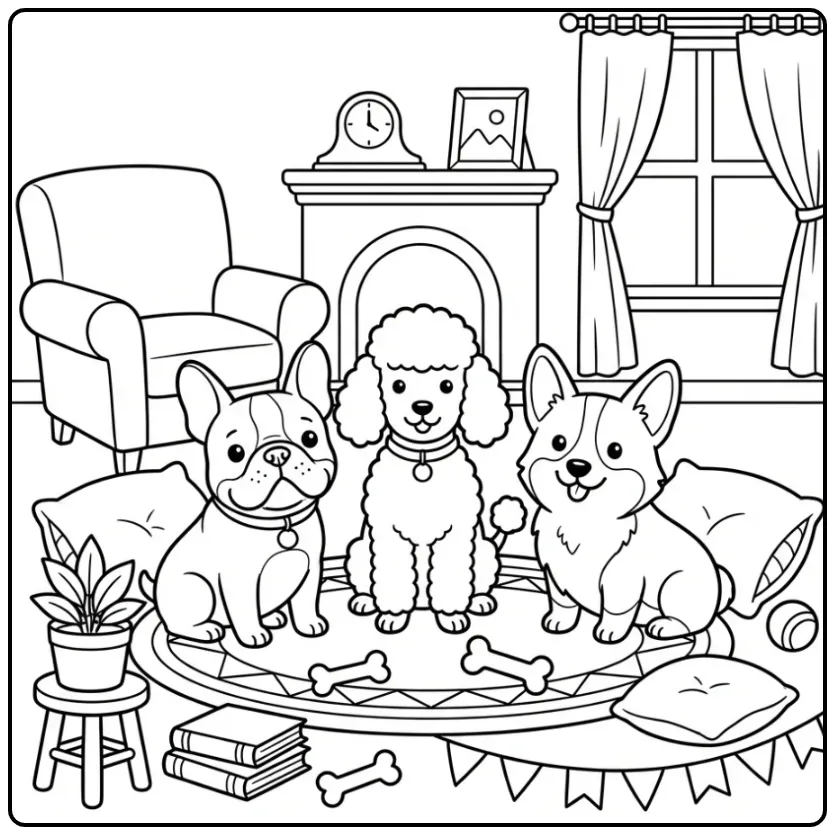 Cute Dogs in a Cozy Living Room coloring page