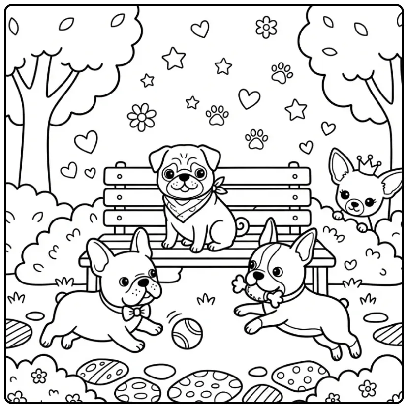 Cute Dogs in a Playful City Park coloring page