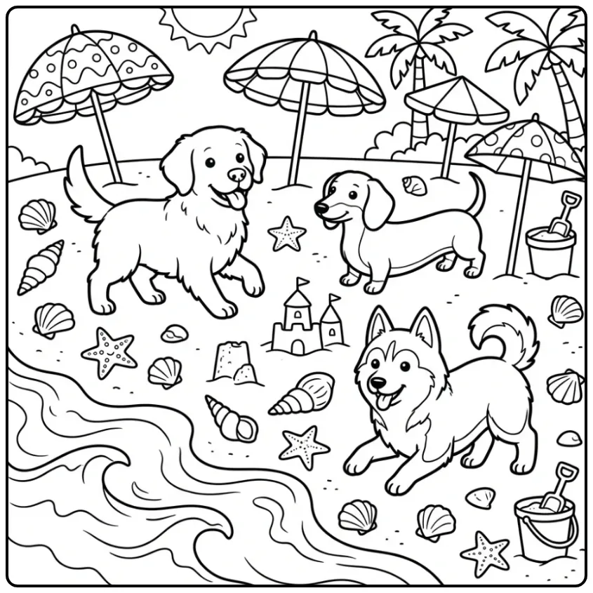 Cute Dogs on a Sunny Beach coloring page
