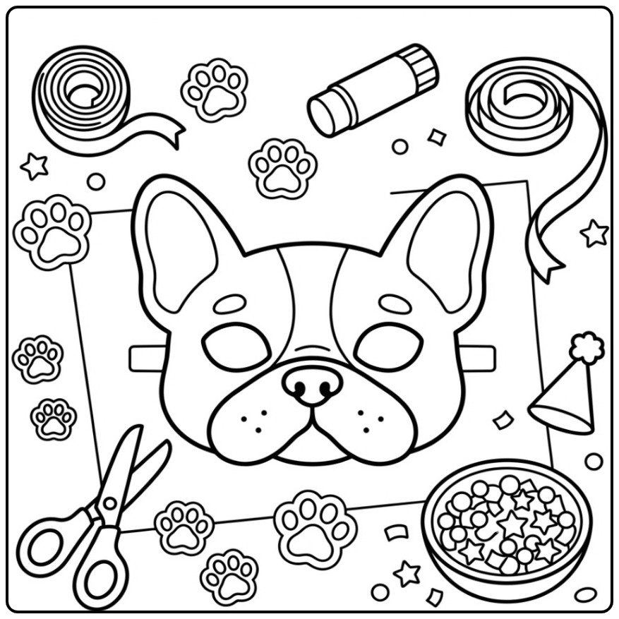 French Bulldog Dog Mask with Craft Supplies coloring page
