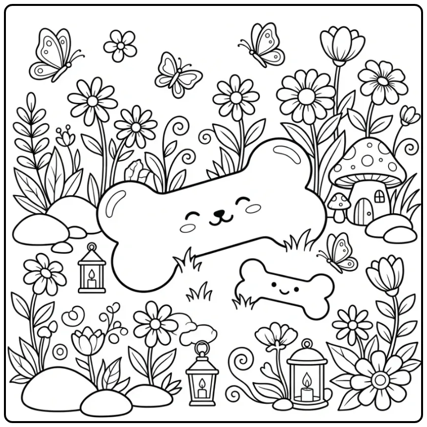 Cute Dog Bone with Flowers coloring page