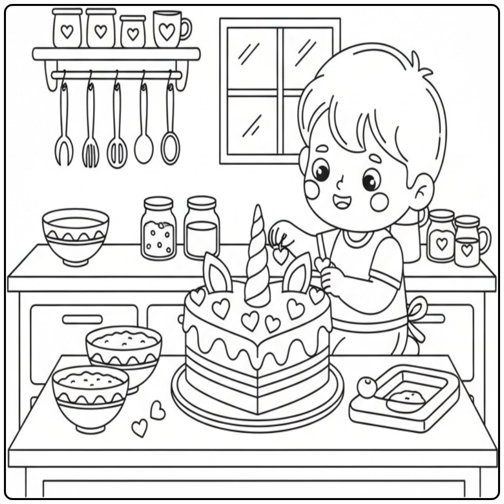 Cute Boy and Unicorn Cake with Hearts coloring page