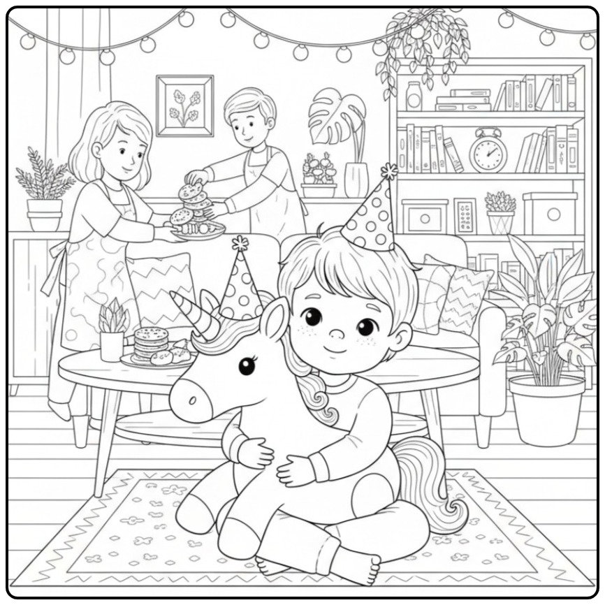 Cute Boy and Hug Unicorn Birthday coloring page