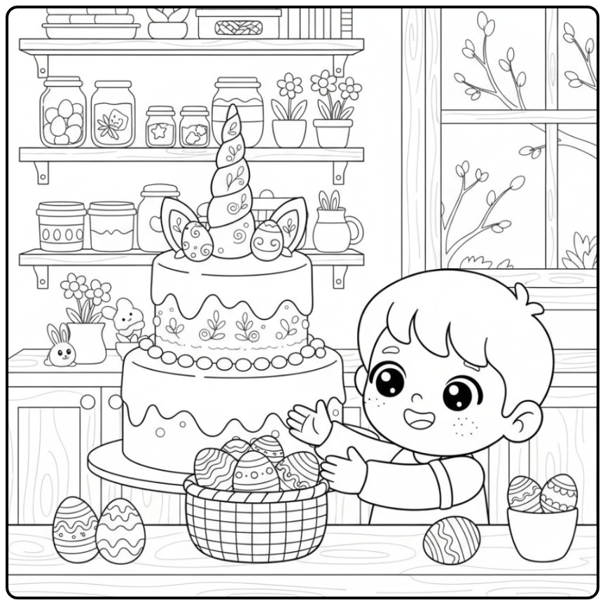 Cute Boy with Unicorn Easter Cake and Eggs coloring page