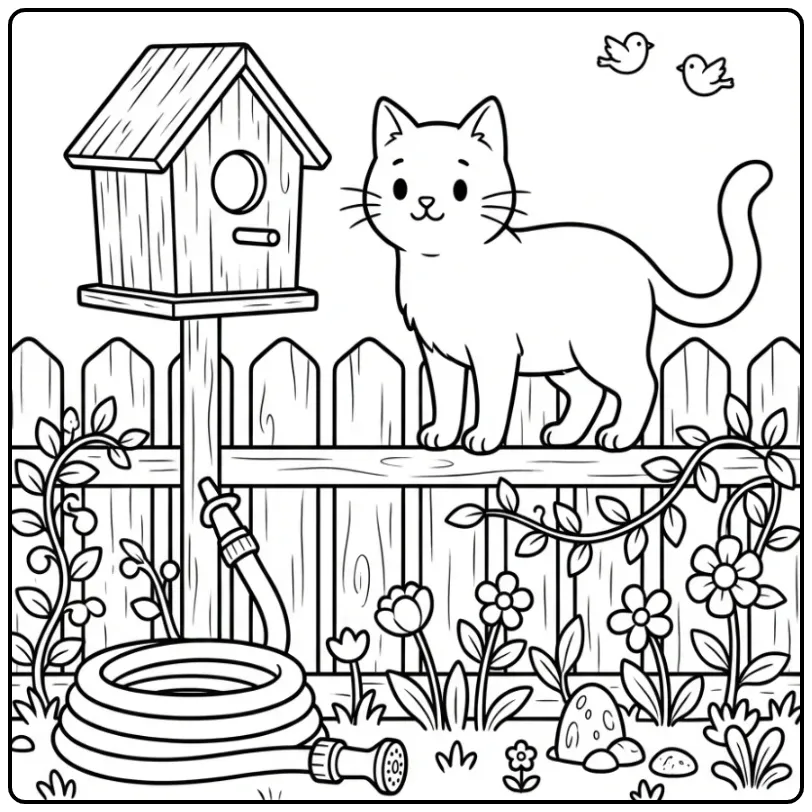 Cute Cat coloring page by a birdhouse