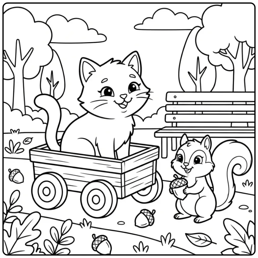 Cute Cat coloring page with a squirrel and wagon