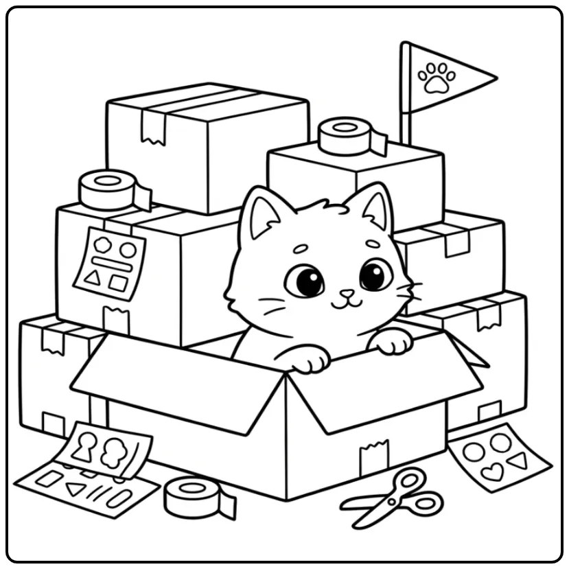 Cute Cat coloring page playing in boxes
