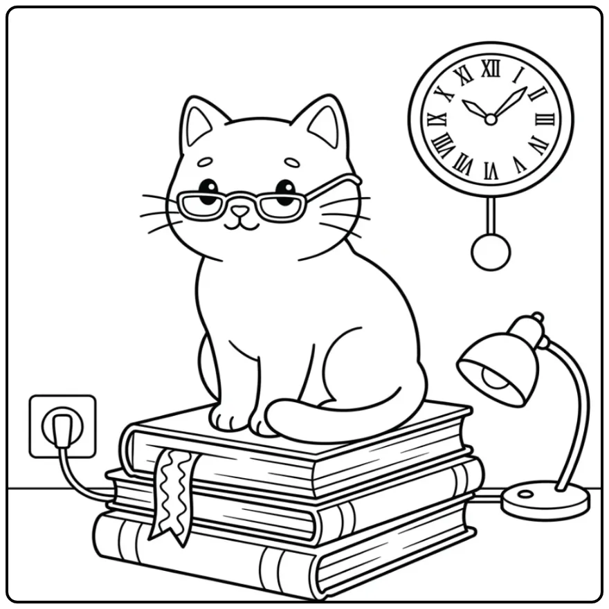 Cute Cat coloring page sitting on books with glasses