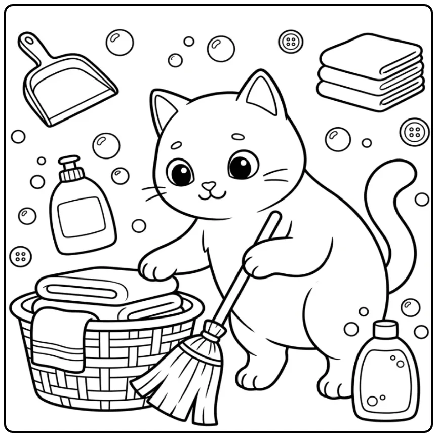 Cute Cat coloring page helping with cleaning