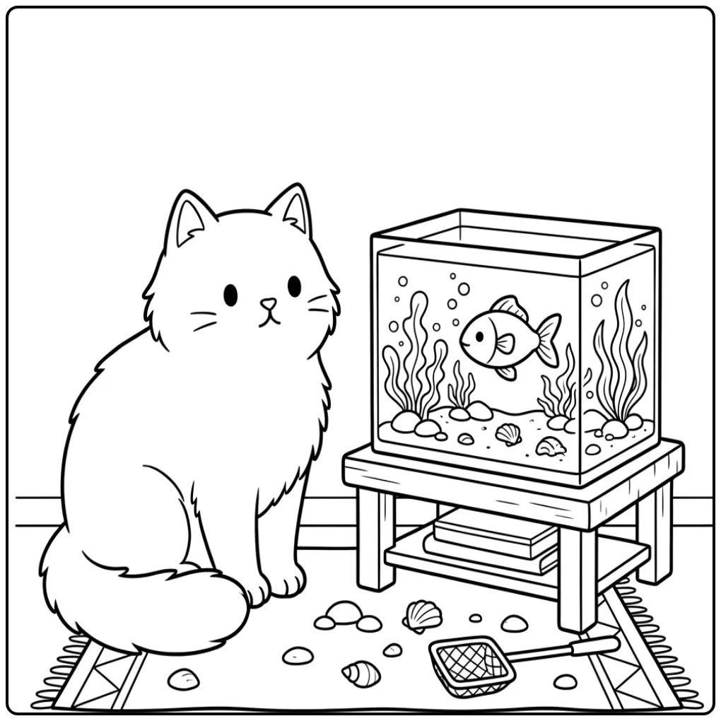 Cute Cat coloring page watching a fish