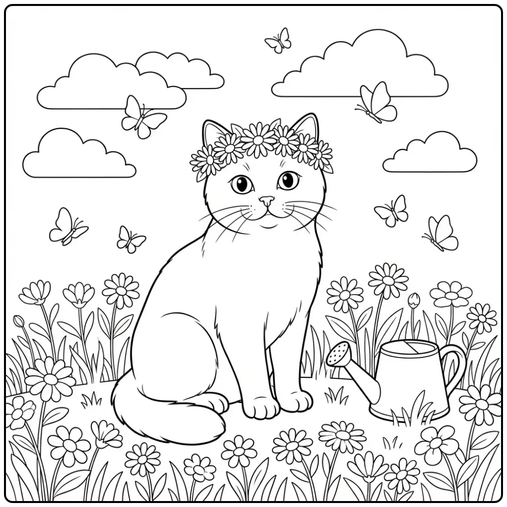 Cute Cat coloring page with flower crown and butterflies
