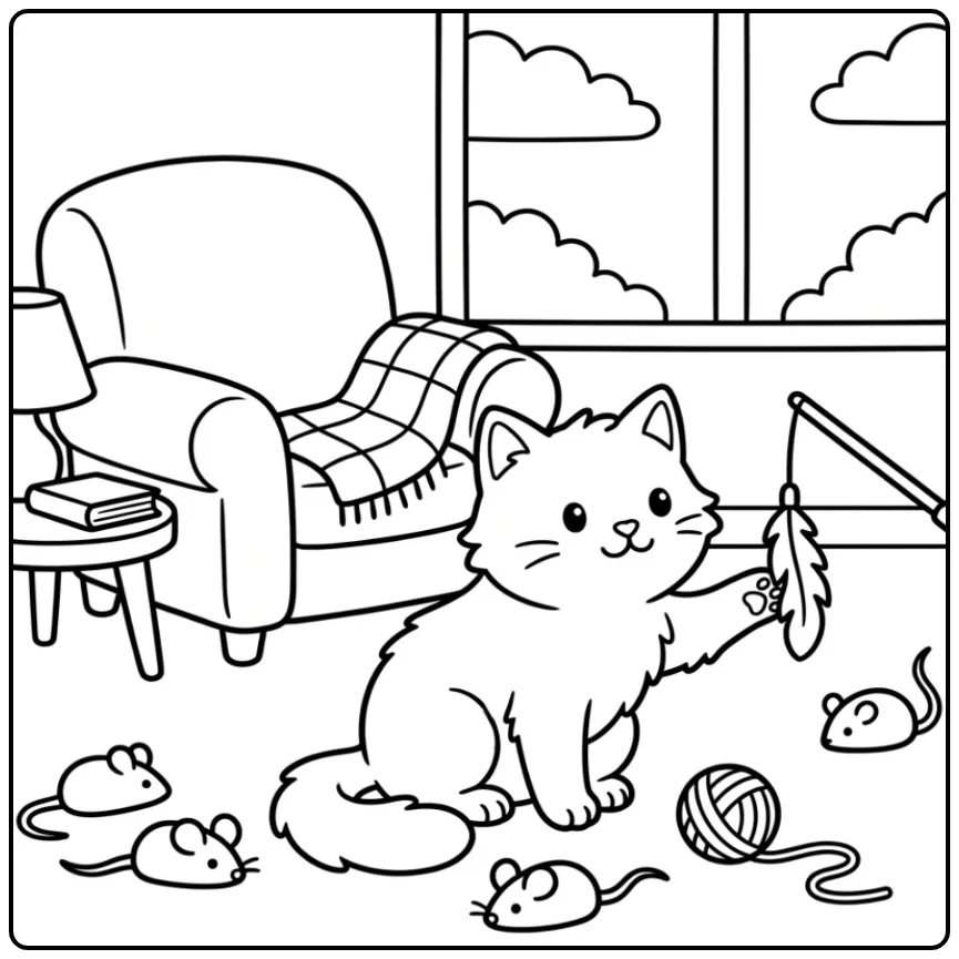 Cute Cat coloring page playing in the living room