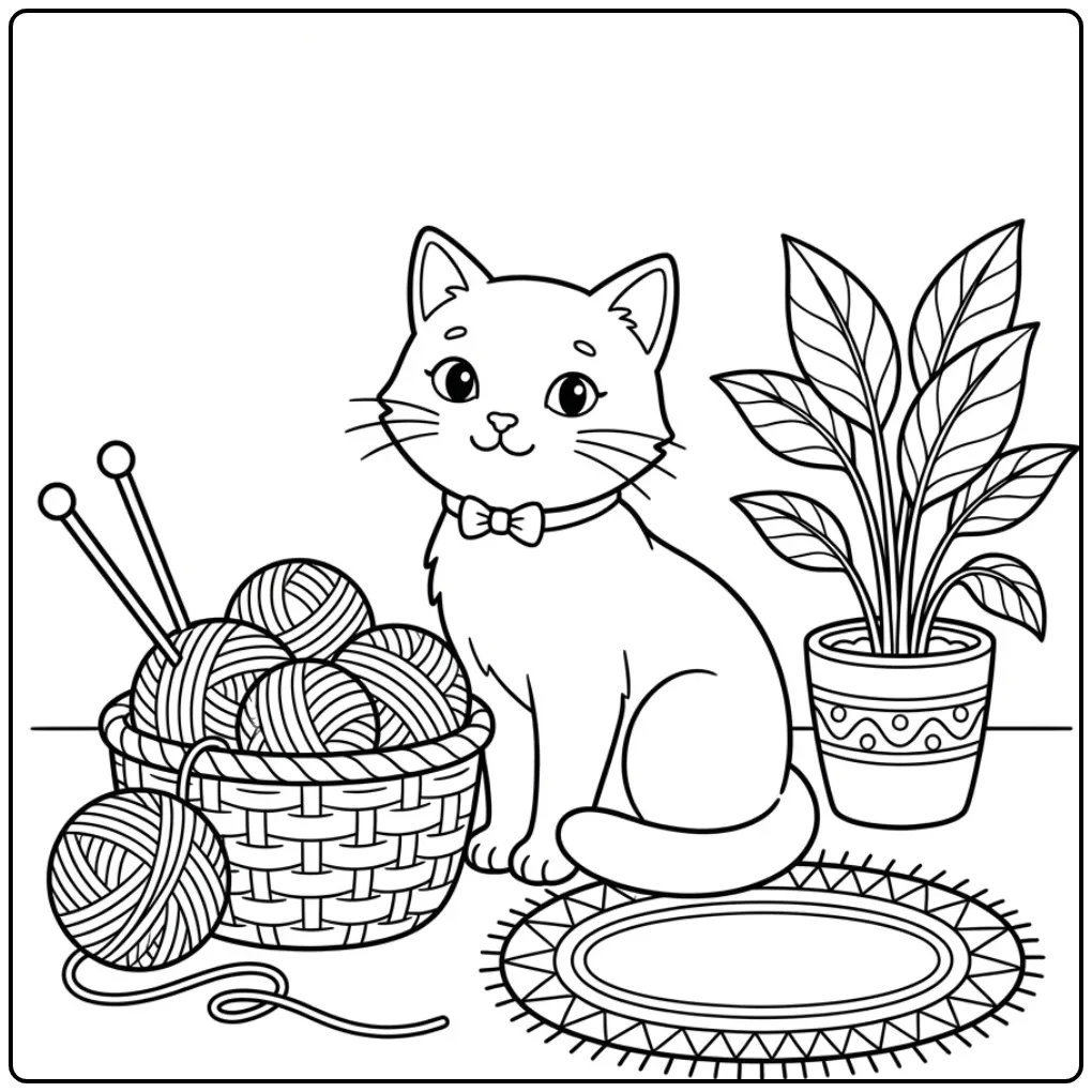 Cute Cat coloring page beside yarn and plants
