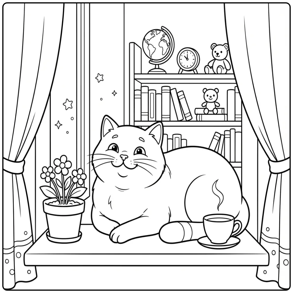 Cute Cat coloring page by the window