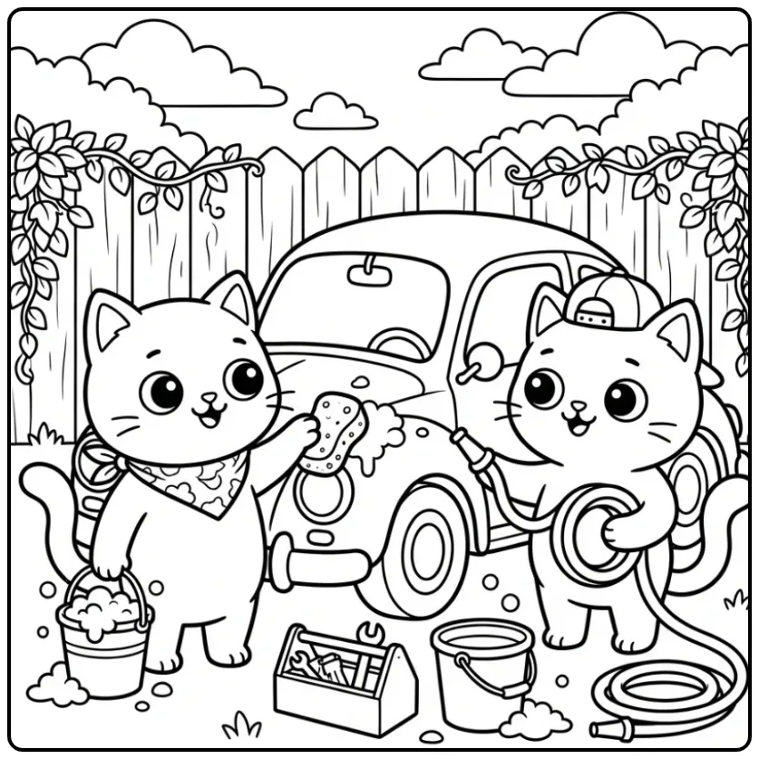 Cute Cats Washing a Car with Soap Bubbles coloring page
