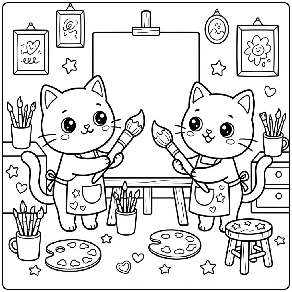 Cute Cats in an Art Studio coloring page