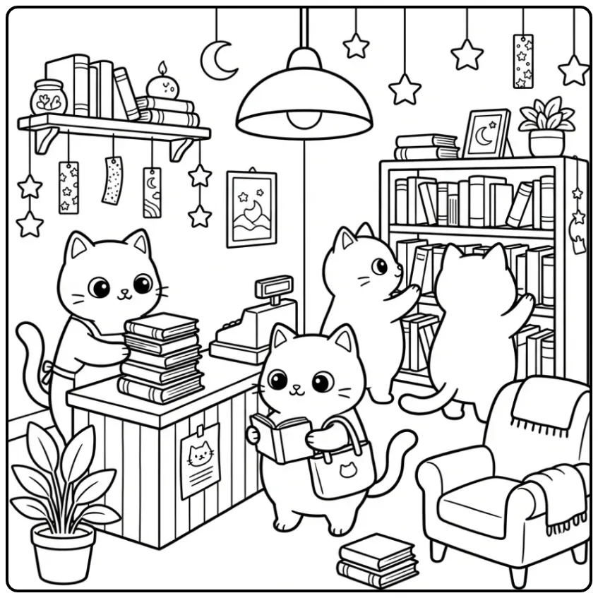 Cute Cats in a Cozy Bookstore coloring page