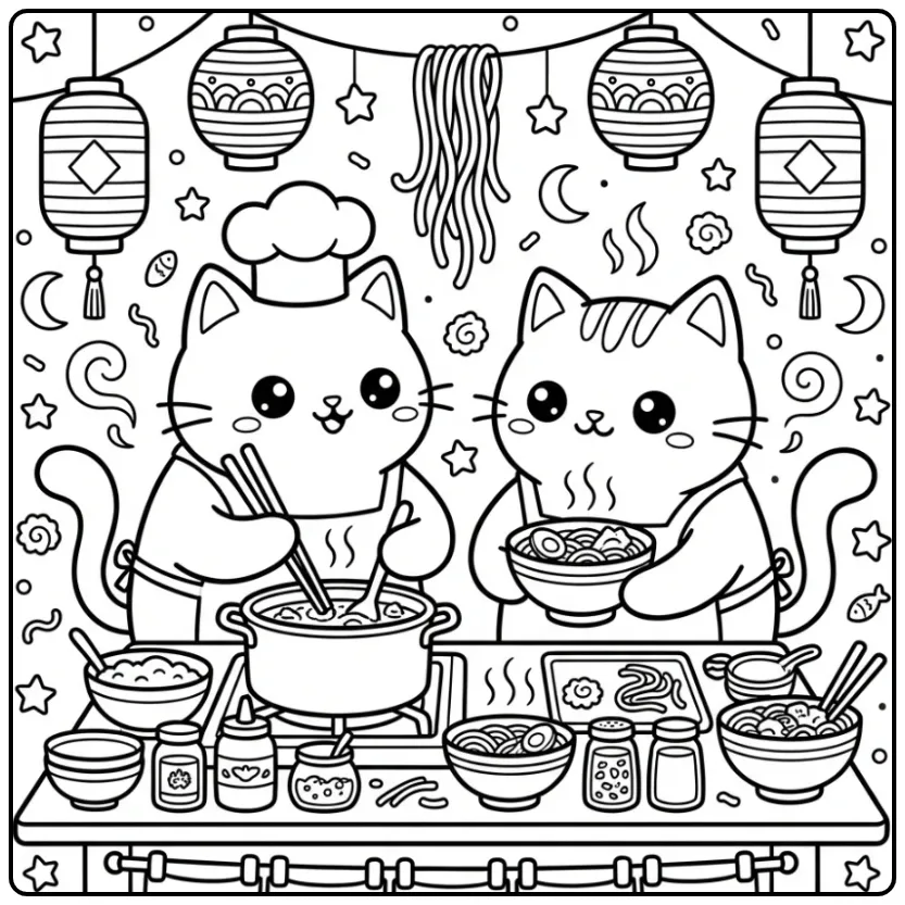 Cute Cats at a Ramen Food Stand coloring page