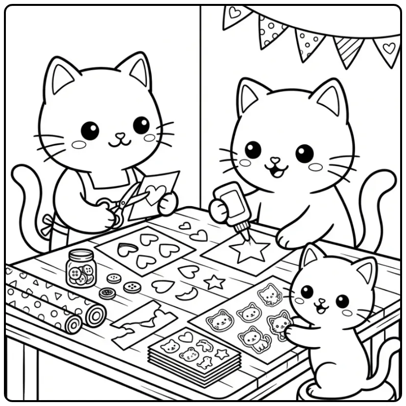 Cute Cats Crafting at a Table coloring page