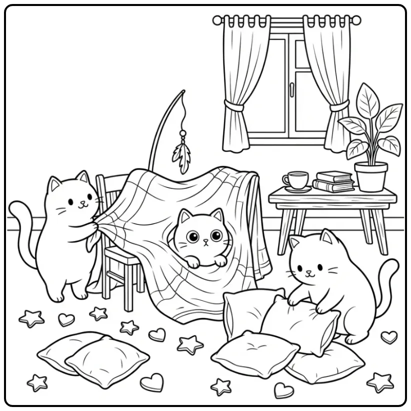 Cute Cats in a Cozy Blanket Fort coloring page