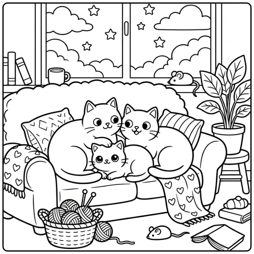 Cute Cat, Kitten, and Yarn coloring page