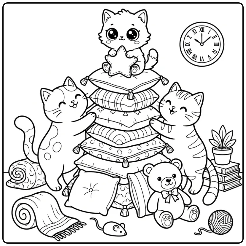 Cute Cats with a Pillow Tower coloring page