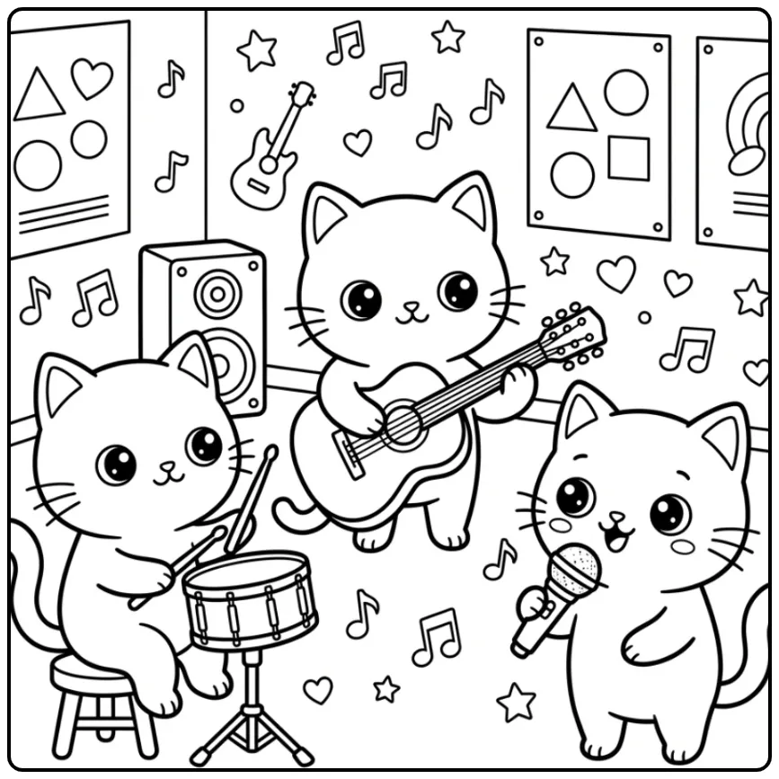 Cute Cats with Musical Instruments coloring page