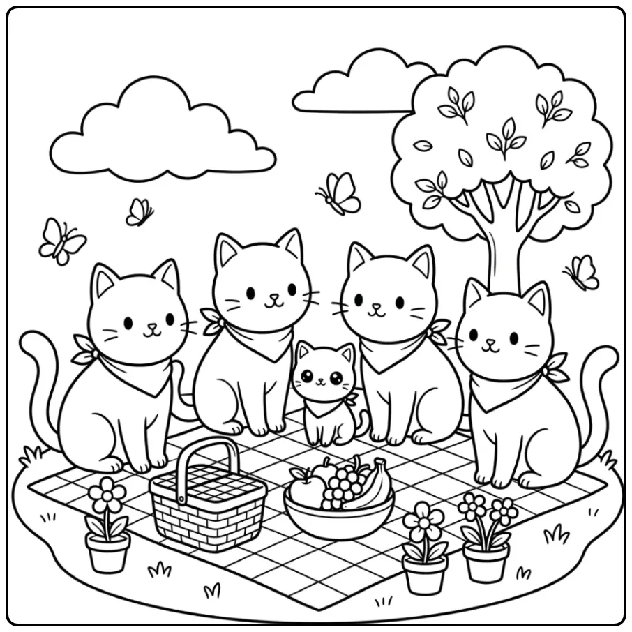 Cute Cats Picnic in Nature coloring page