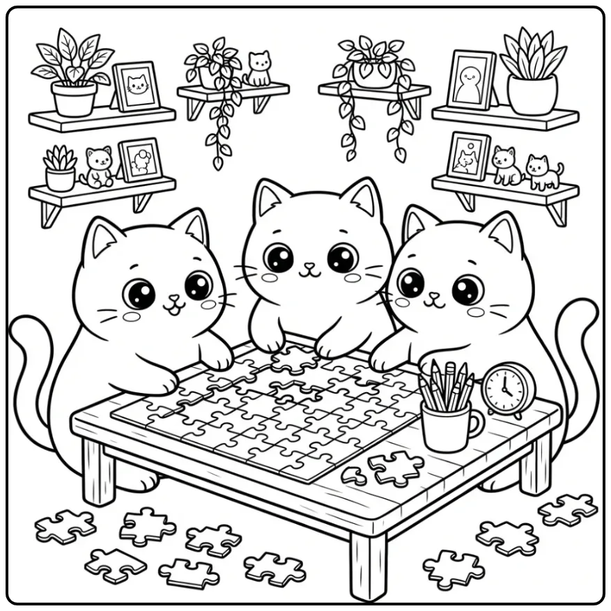 Cute Cats Doing a Puzzle Together at a Table coloring page