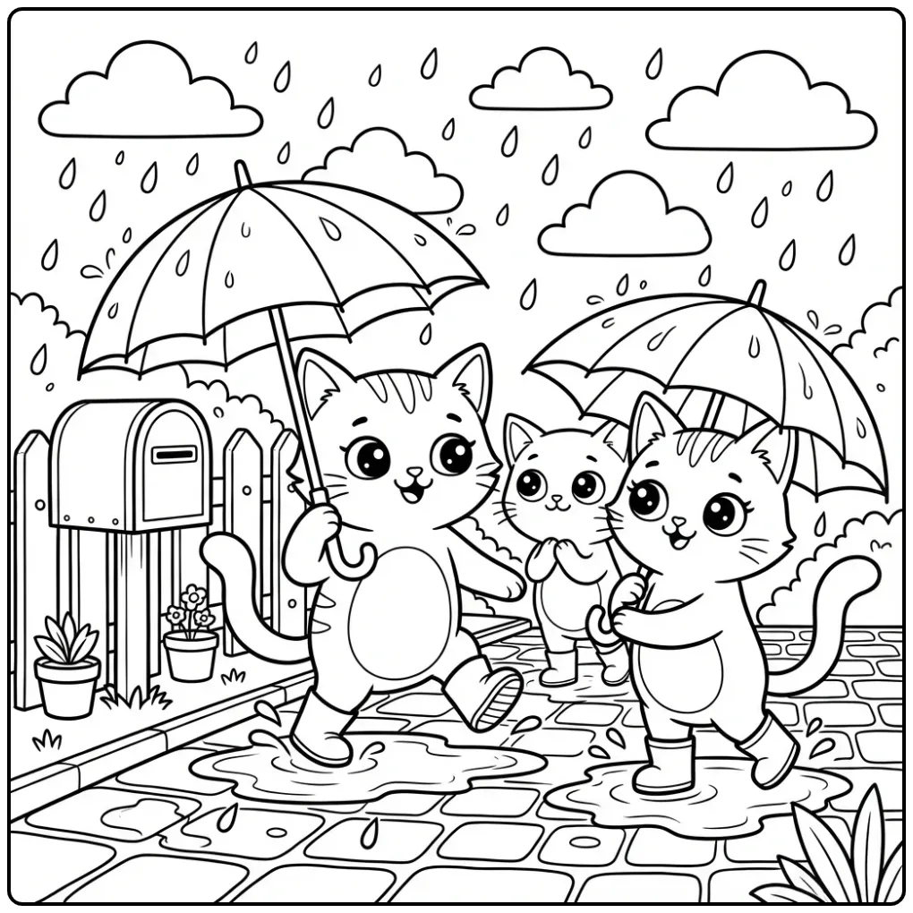 Cute Cats Playing in Rain Puddles coloring page