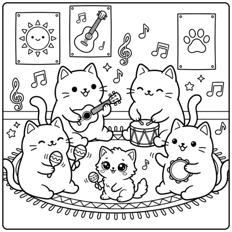 Cute Cat Band with Instruments coloring page