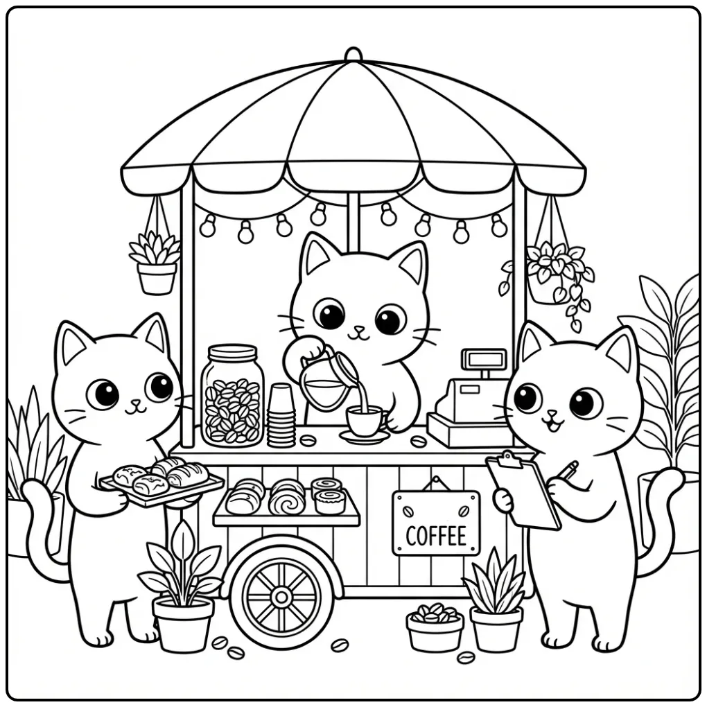 Cute Cats at a Small Coffee Shop coloring page
