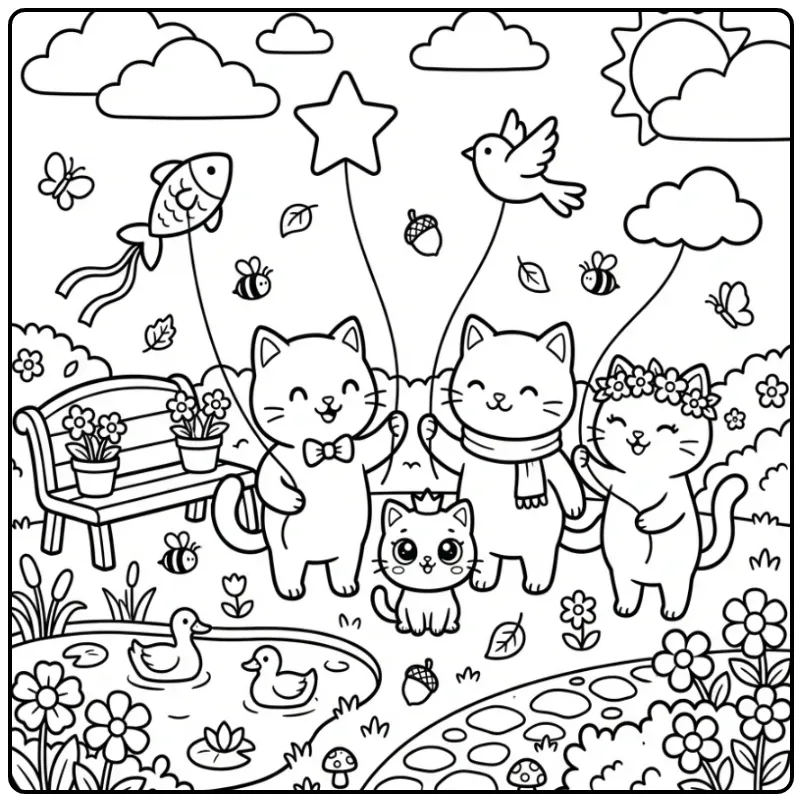 Cute Cats Flying a Kite in the Park coloring page