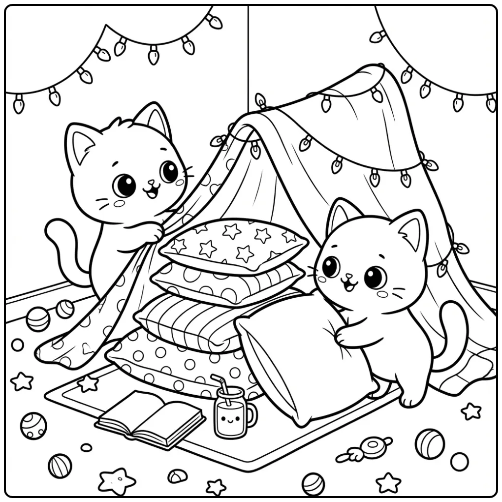 Cute Kawaii Kitten Building a Pillow Fort coloring page