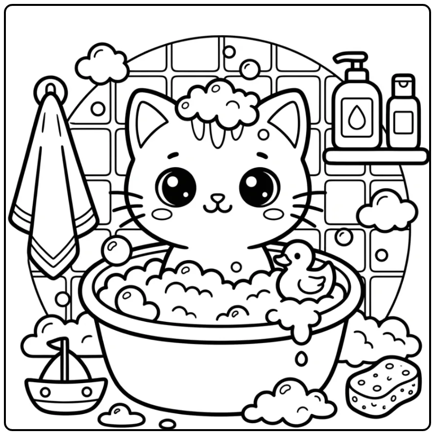 Cute Kawaii Kitten with Rubber Duck and Soapy Water coloring page