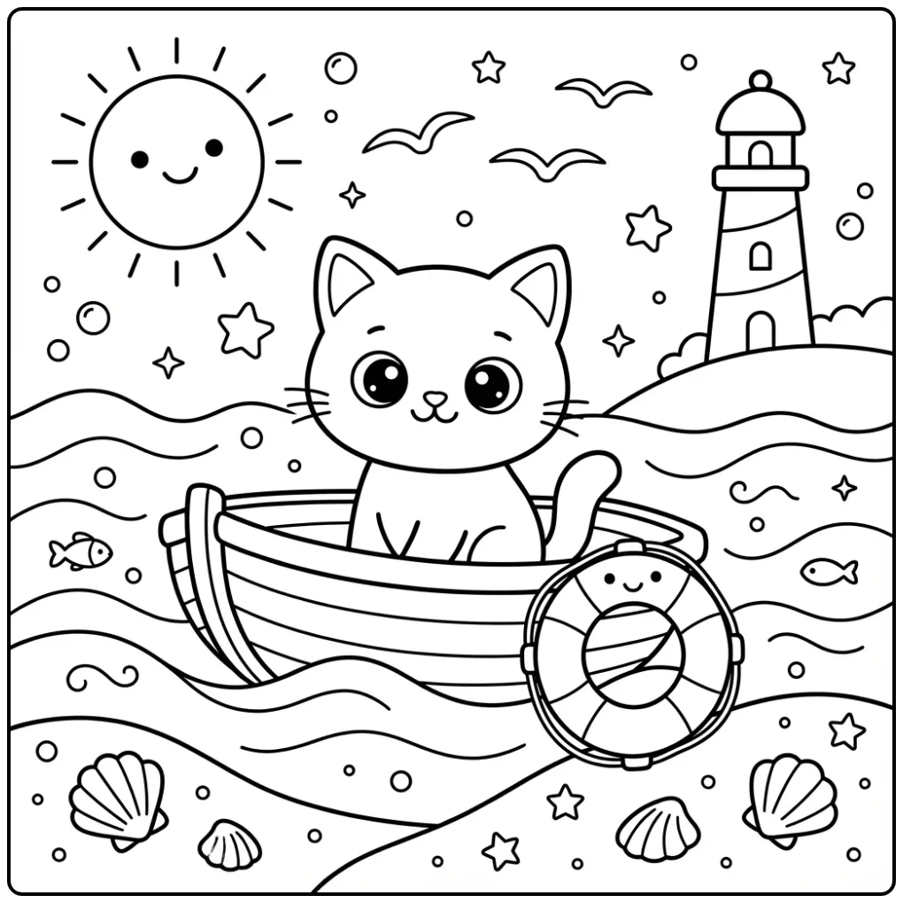 Cute Kawaii Kitten with Sun and Lighthouse coloring page