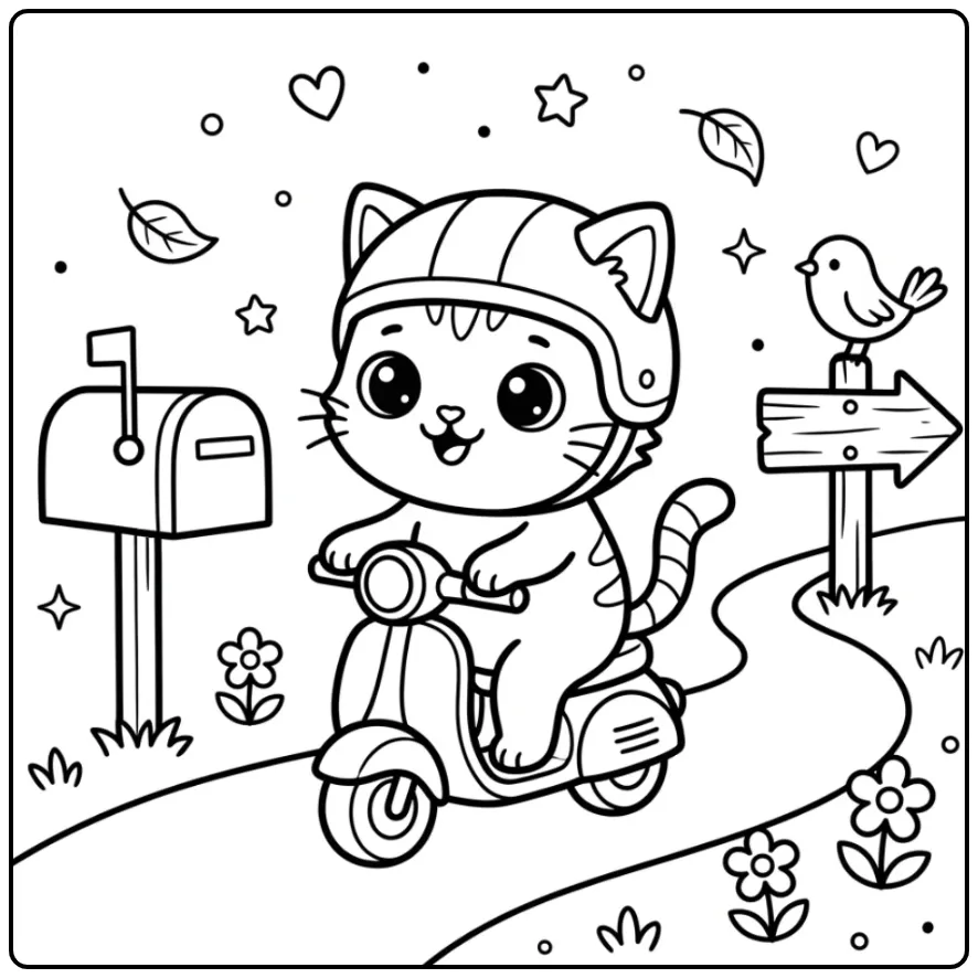 Cute Kawaii Kitten Riding a Scooter Outside coloring page